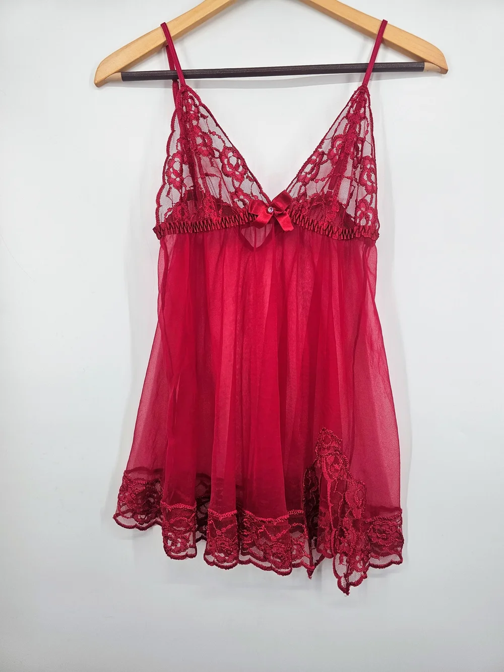Vintage Frederick's of Hollywood Red Lace Mesh Babydoll Lingerie Slip Y2K Medium